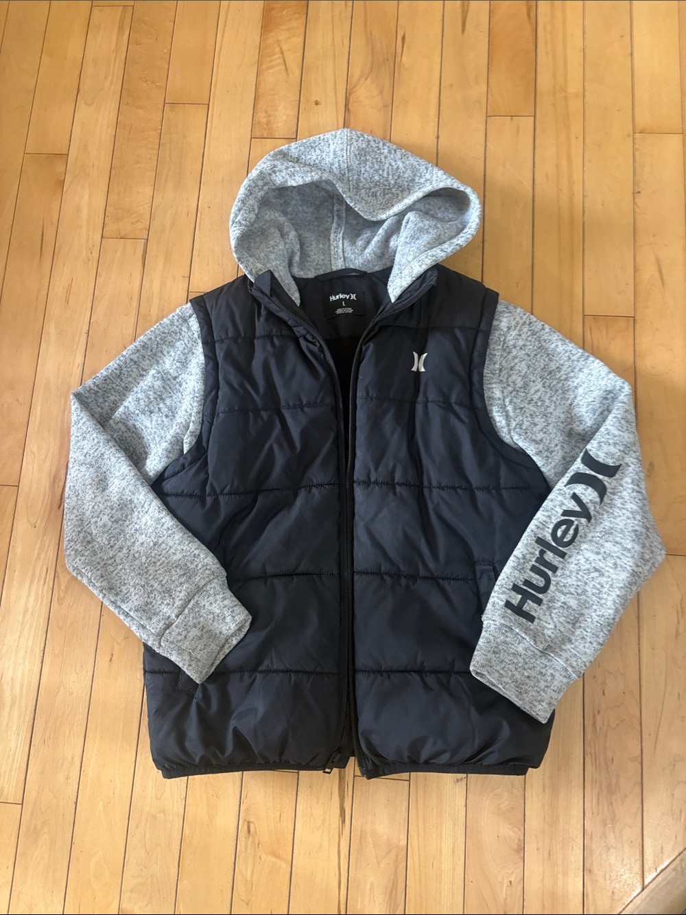 Hurley Black Puffer Vest with Gray Hooded Sleeves